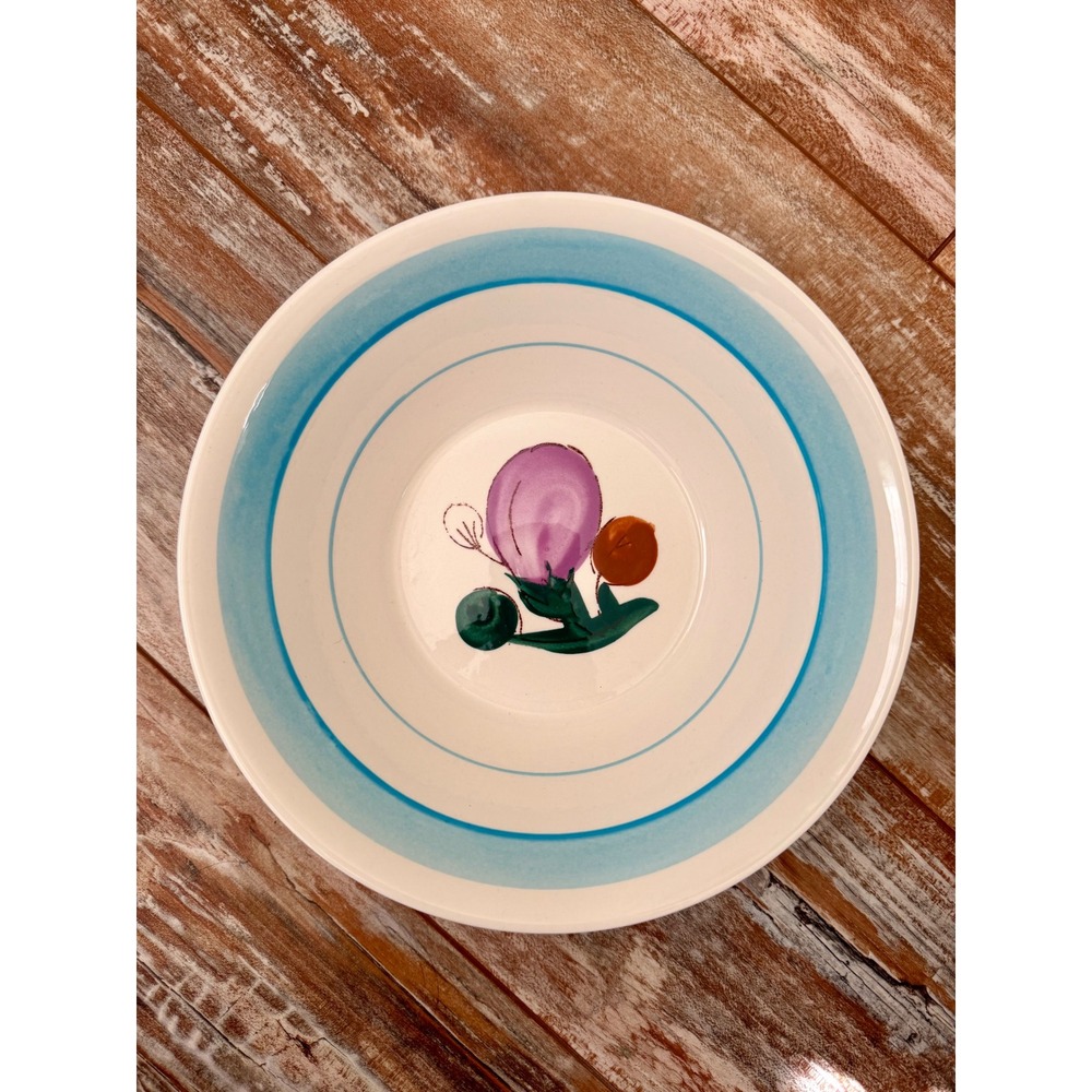 Vintage Hand Painted Floral Ceramic Bowl Blue Bands Made in Korea 9 Inch
